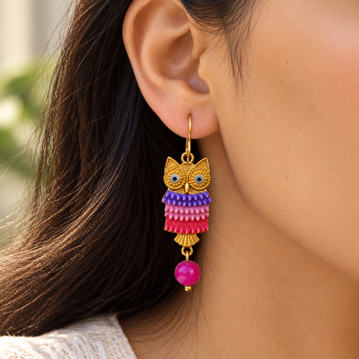 Owl Drop Statement Enamel Earrings.