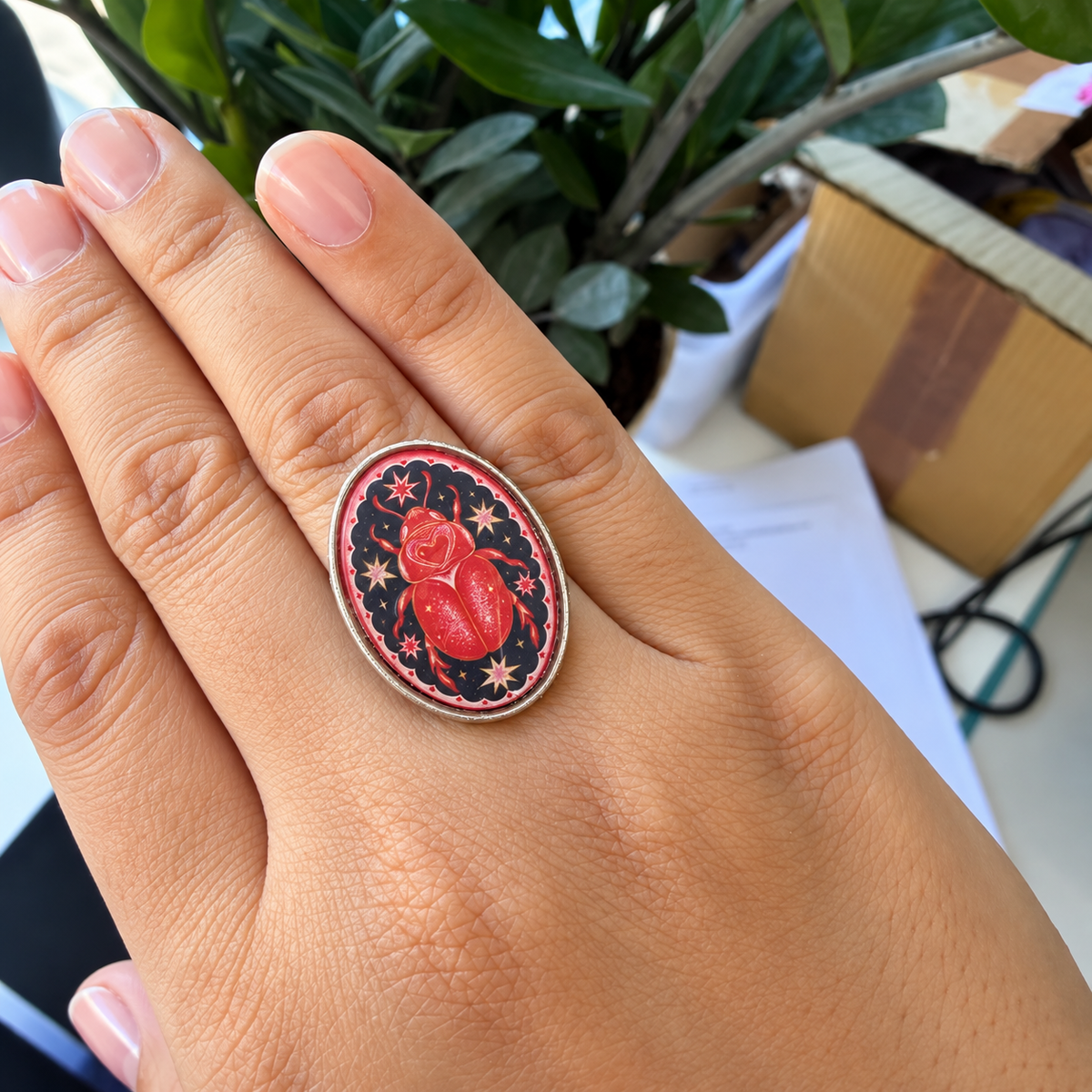 Celestial Scarab Resin Ring – Antique Silver - R004.