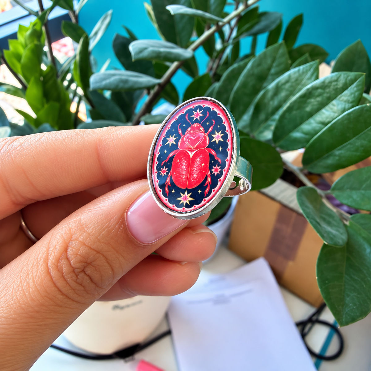 Celestial Scarab Resin Ring – Antique Silver - R004.