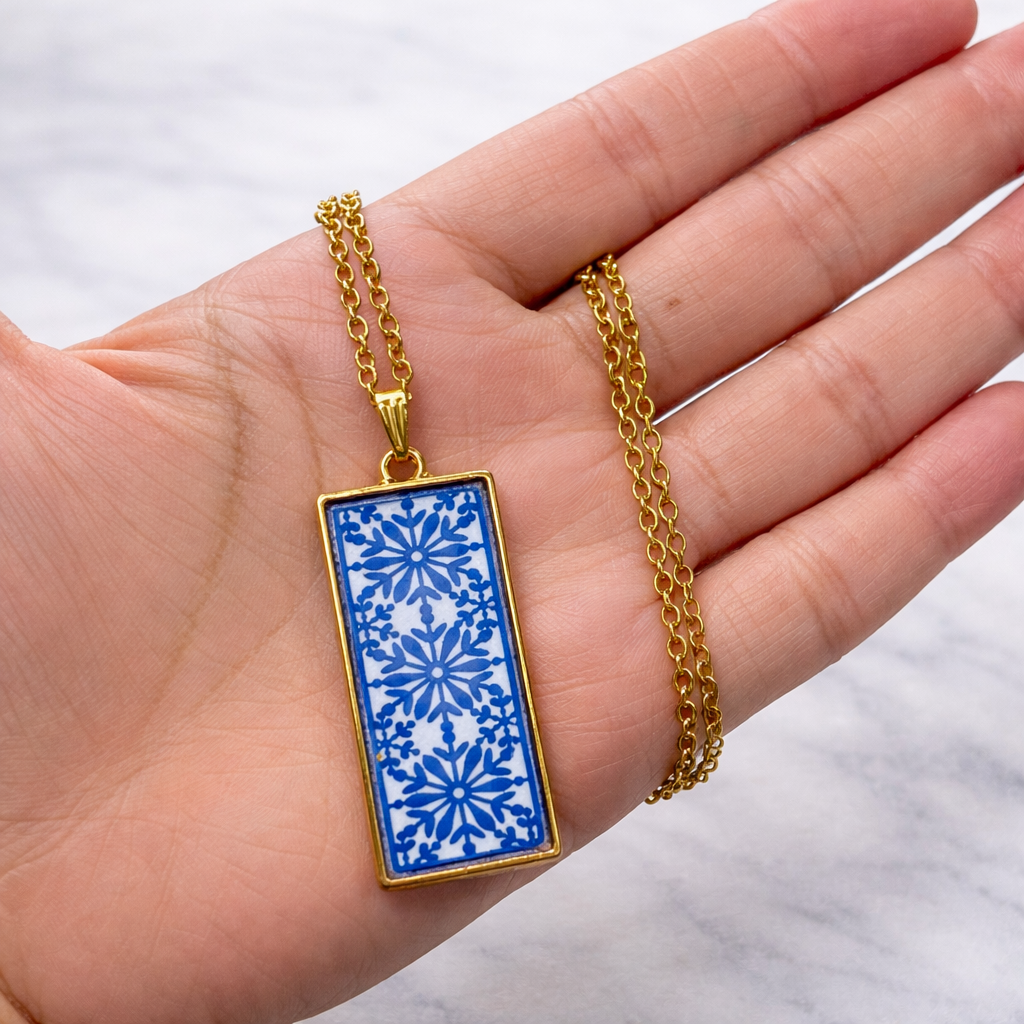 Unisex Long Pendant Necklace – Blue Pattern Art - Quirky Jewellery