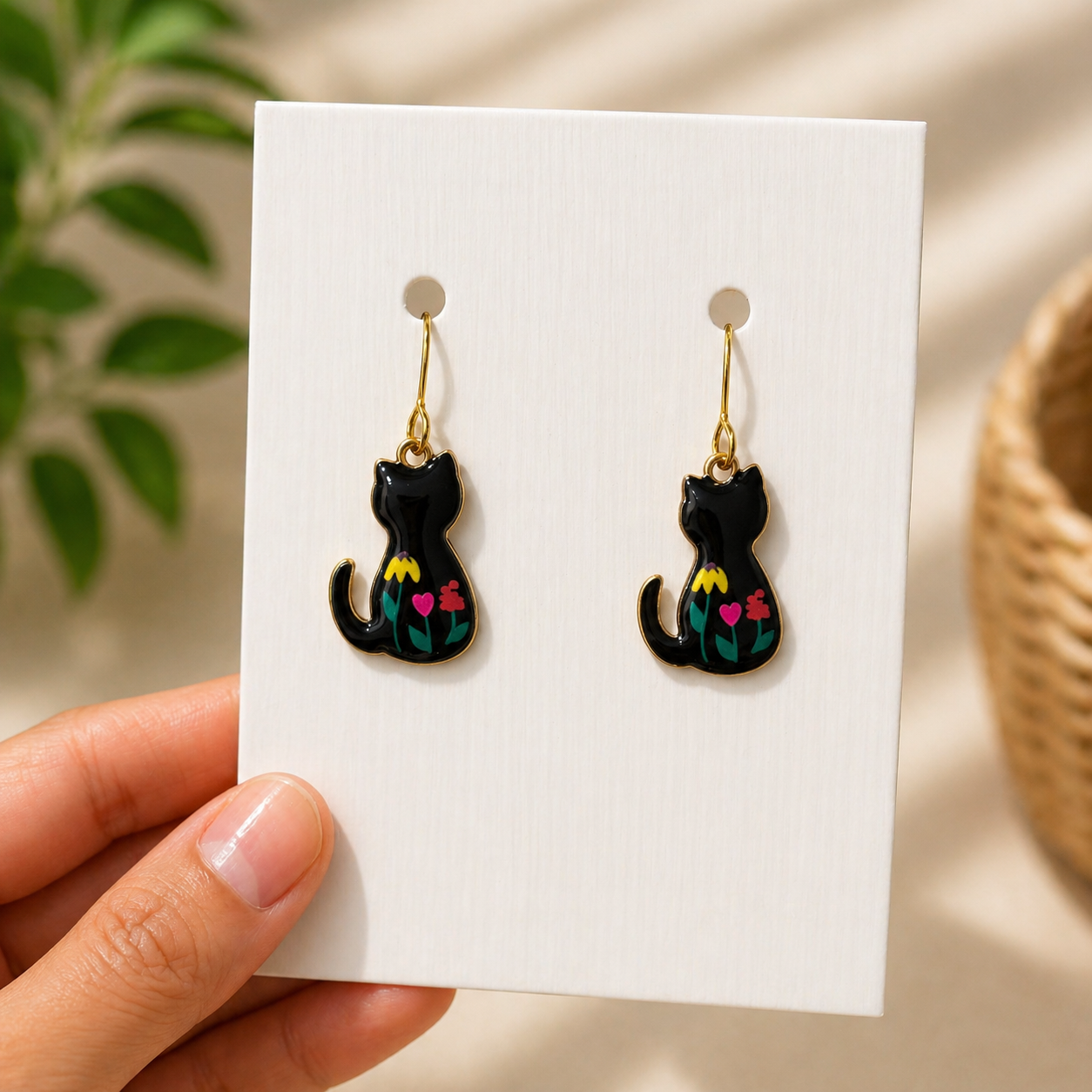 Floral Cat Charm Earrings.