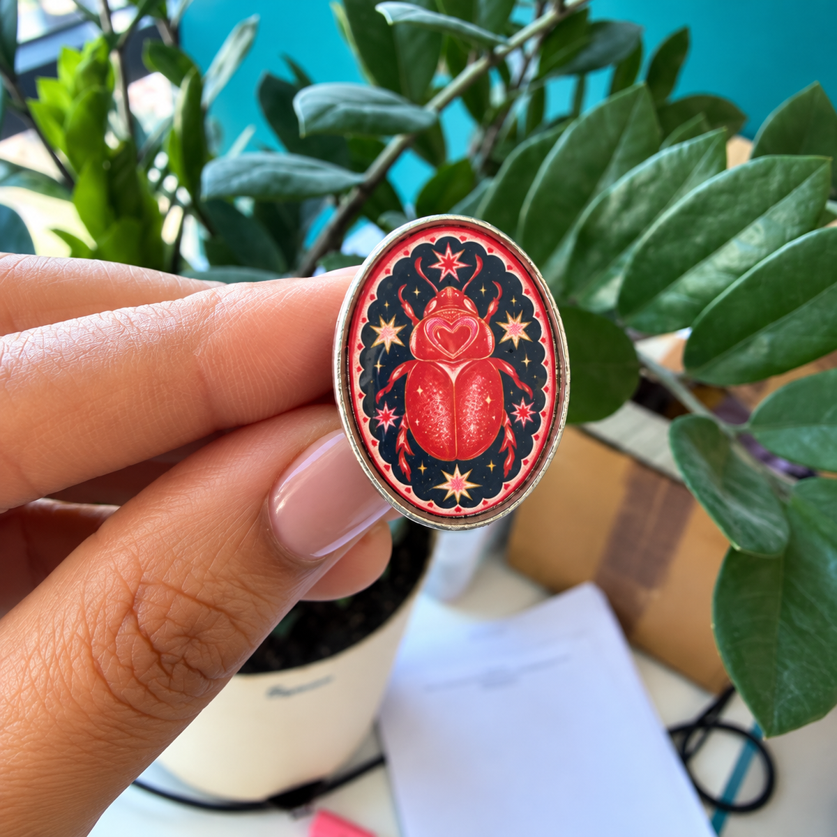 Celestial Scarab Resin Ring – Antique Silver - R004.