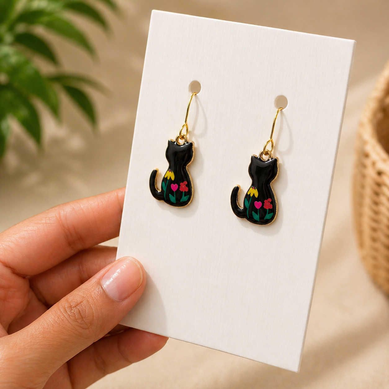 Floral Cat Charm Earrings.
