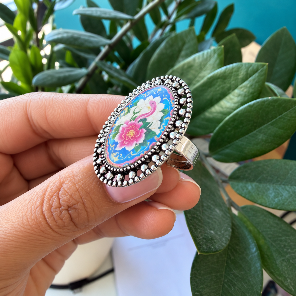 Vintage Snake Floral Resin Ring – Antique Silver- R005