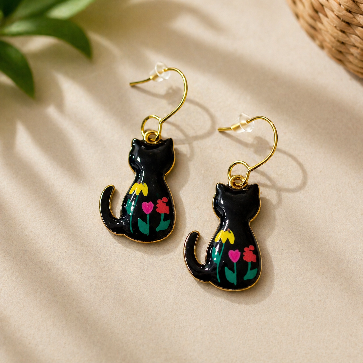 Floral Cat Charm Earrings.