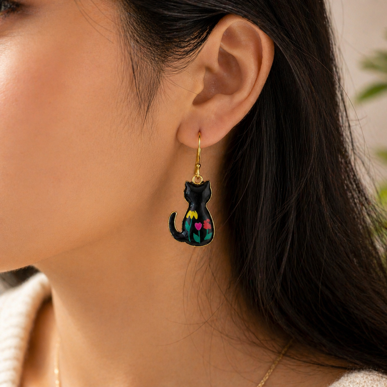 Floral Cat Charm Earrings.
