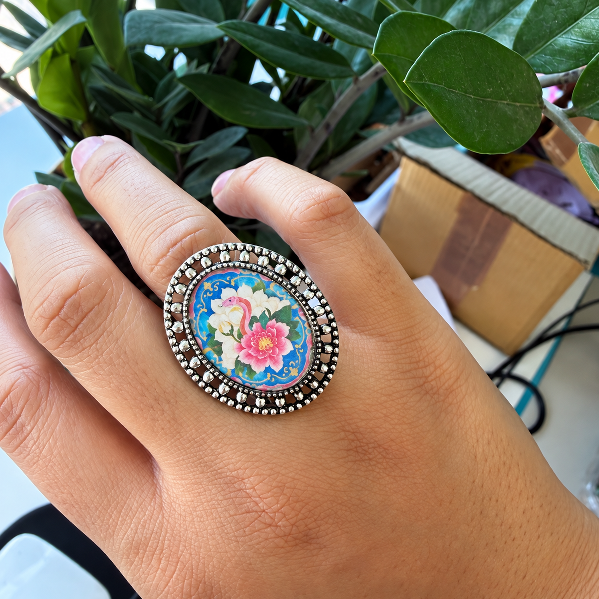 Vintage Snake Floral Resin Ring – Antique Silver- R005
