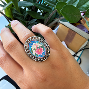 Vintage Snake Floral Resin Ring – Antique Silver- R005