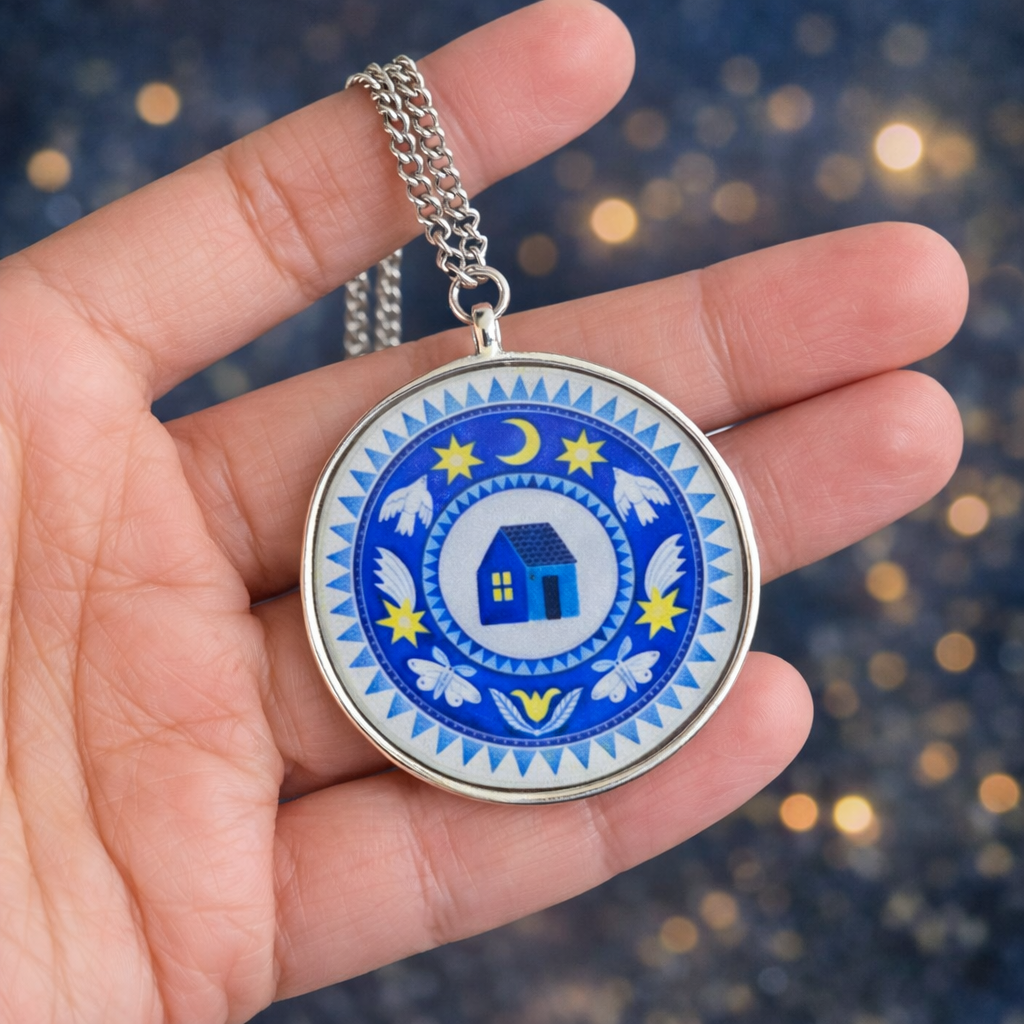 Blue House and Birds Silver Neck chain - Quirky Jewellery