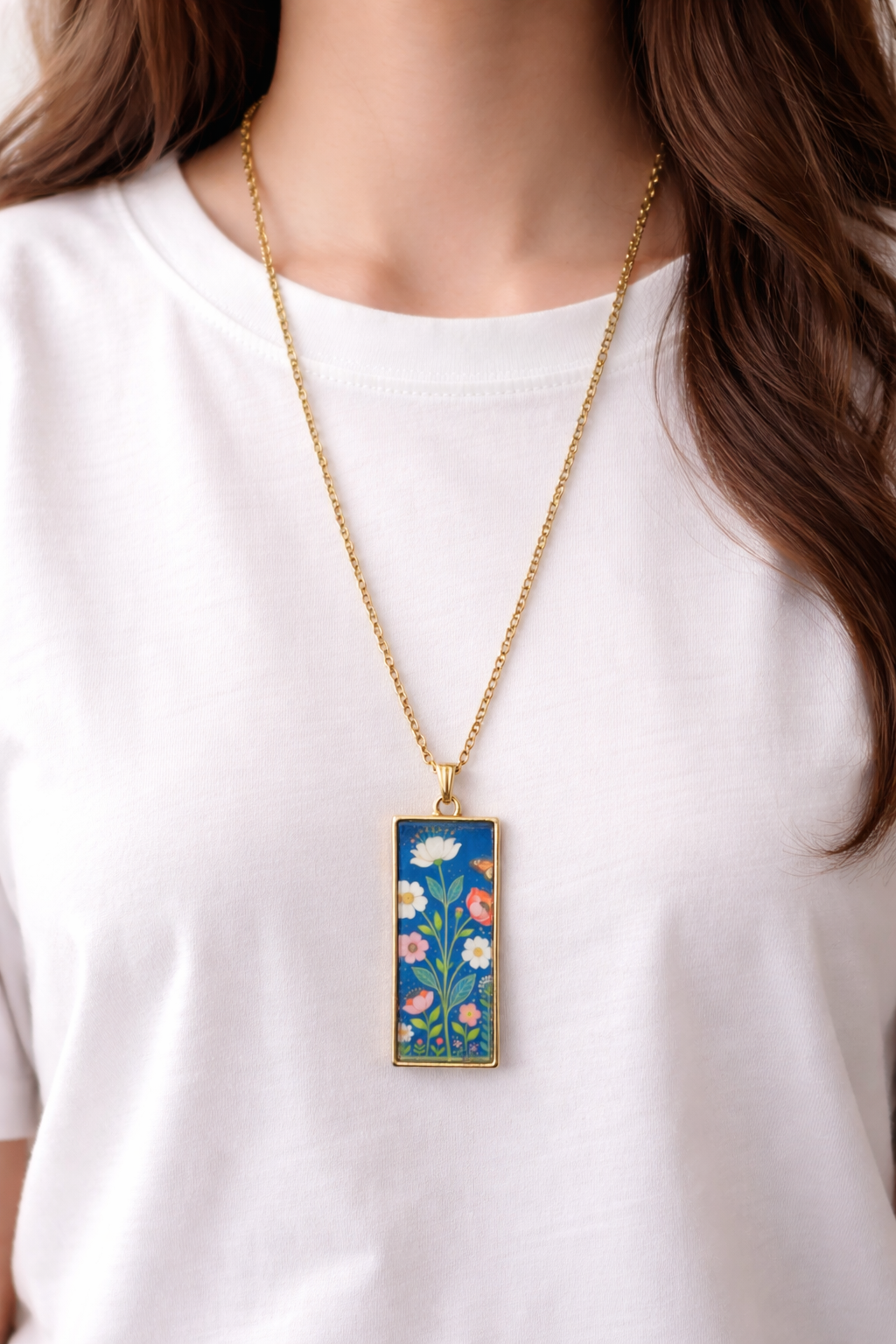 Blue Floral Pattern Golden Unisex Long Neck chain - Quirky Jewellery