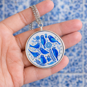 Blue House and Birds Silver Neck chain - Quirky Jewellery