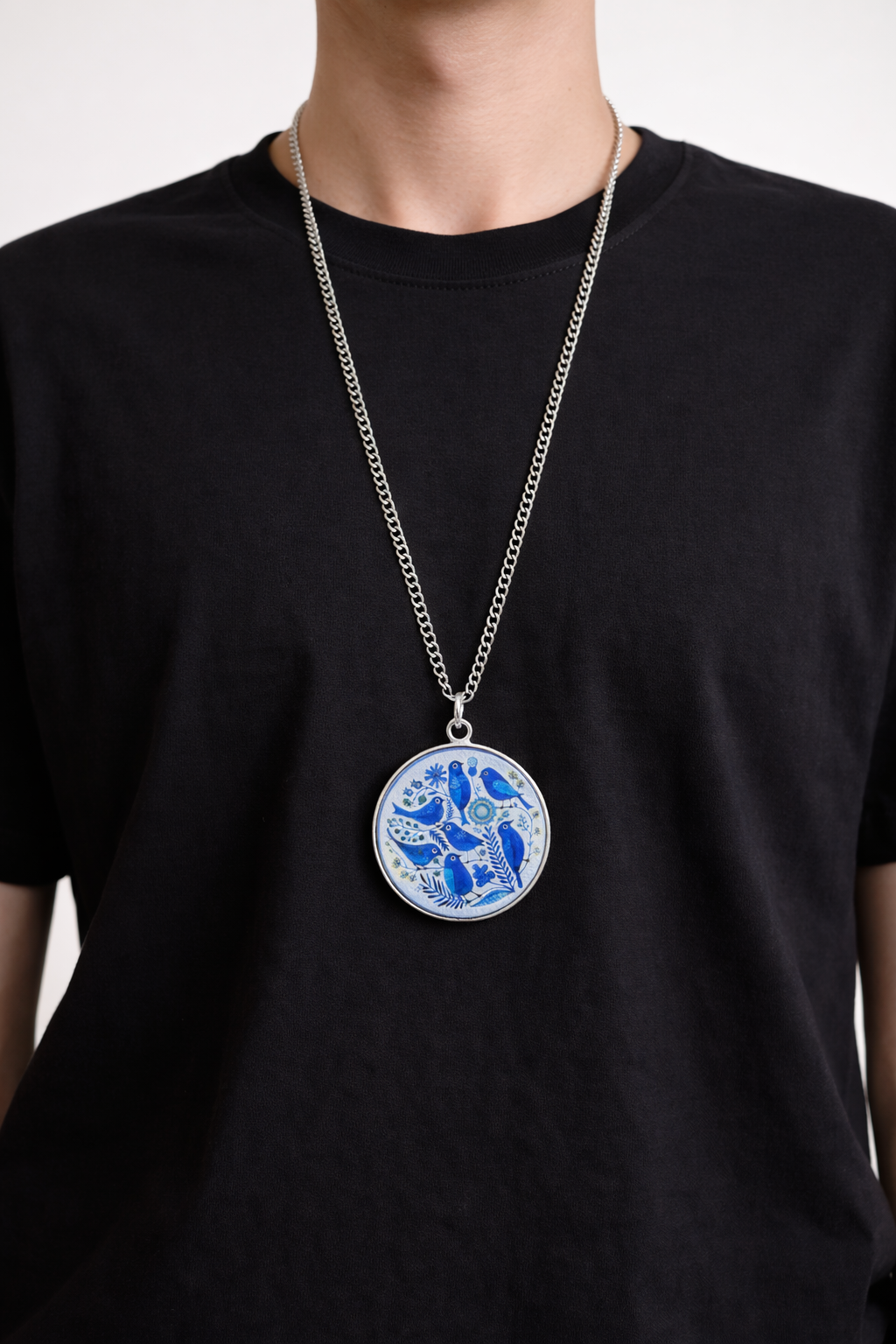 Blue House and Birds Silver Neck chain - Quirky Jewellery