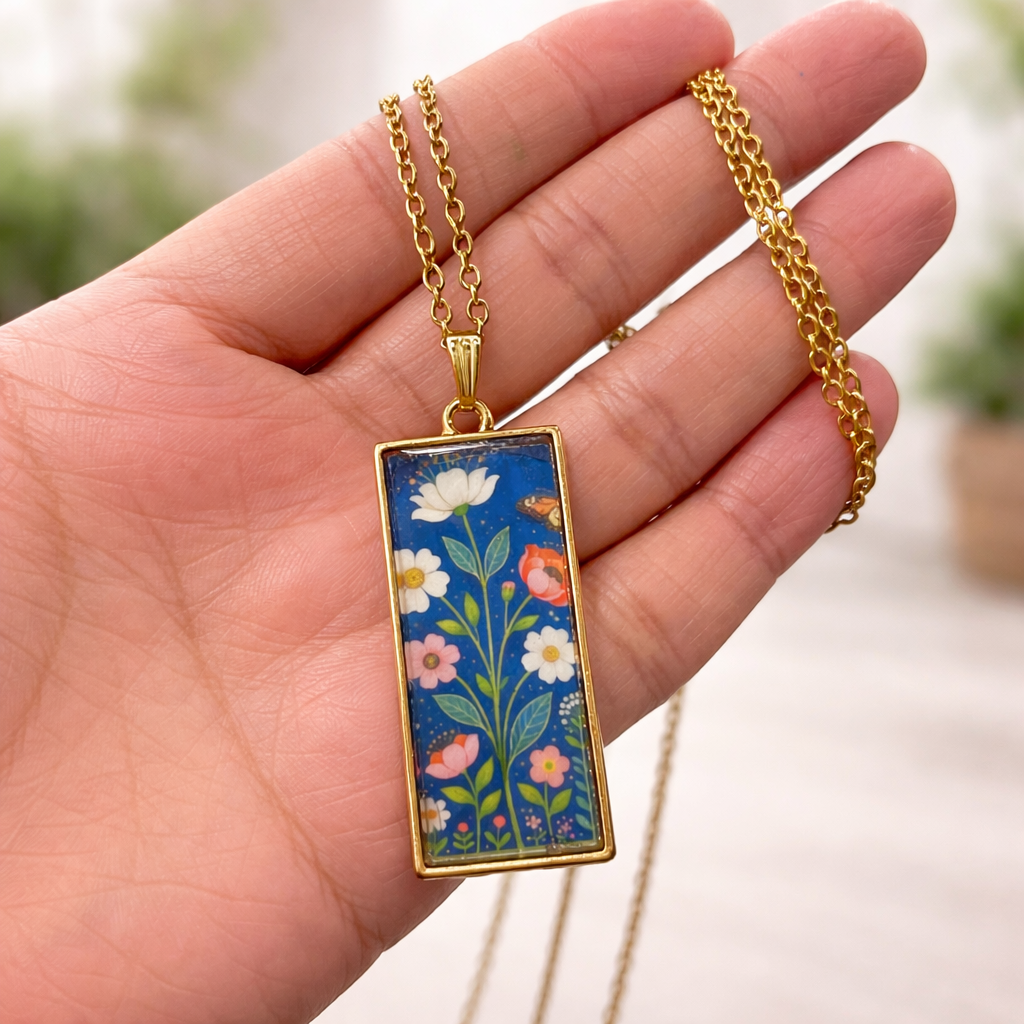 Blue Floral Pattern Golden Unisex Long Neck chain - Quirky Jewellery