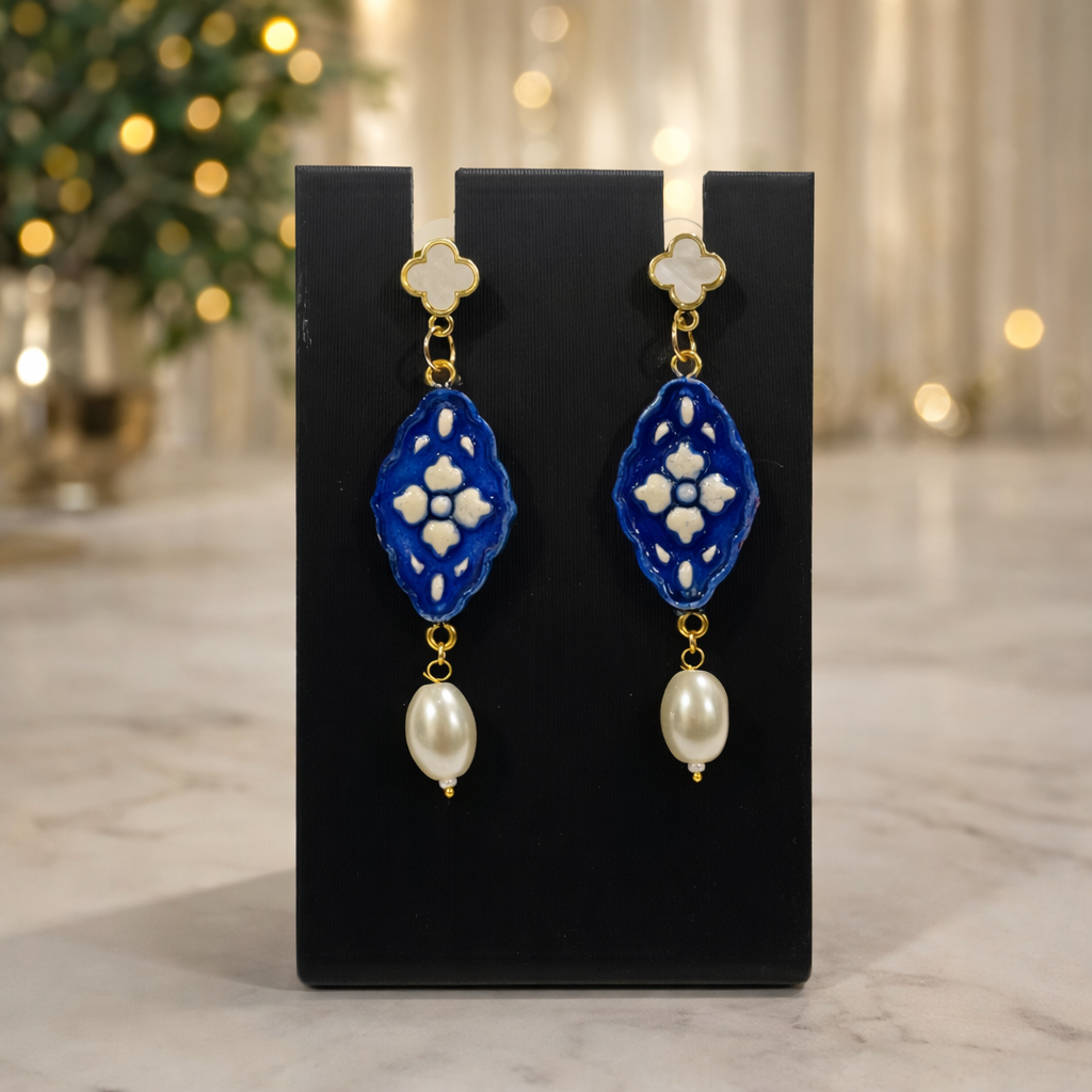 Blue Mosaic Ceramic Statement Earrings - Quirky Jewellery
