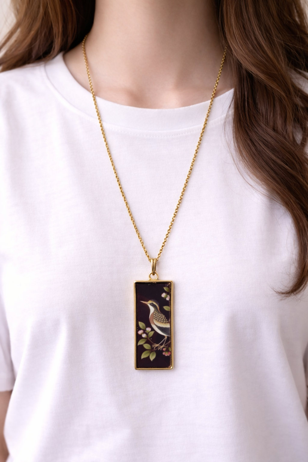 Black Bird Floral Pattern Golden Unisex Long Neck chain - Quirky Jewellery