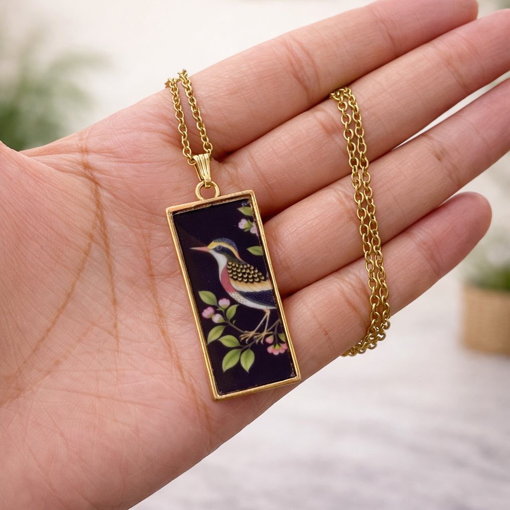 Black Bird Floral Pattern Golden Unisex Long Neck chain - Quirky Jewellery