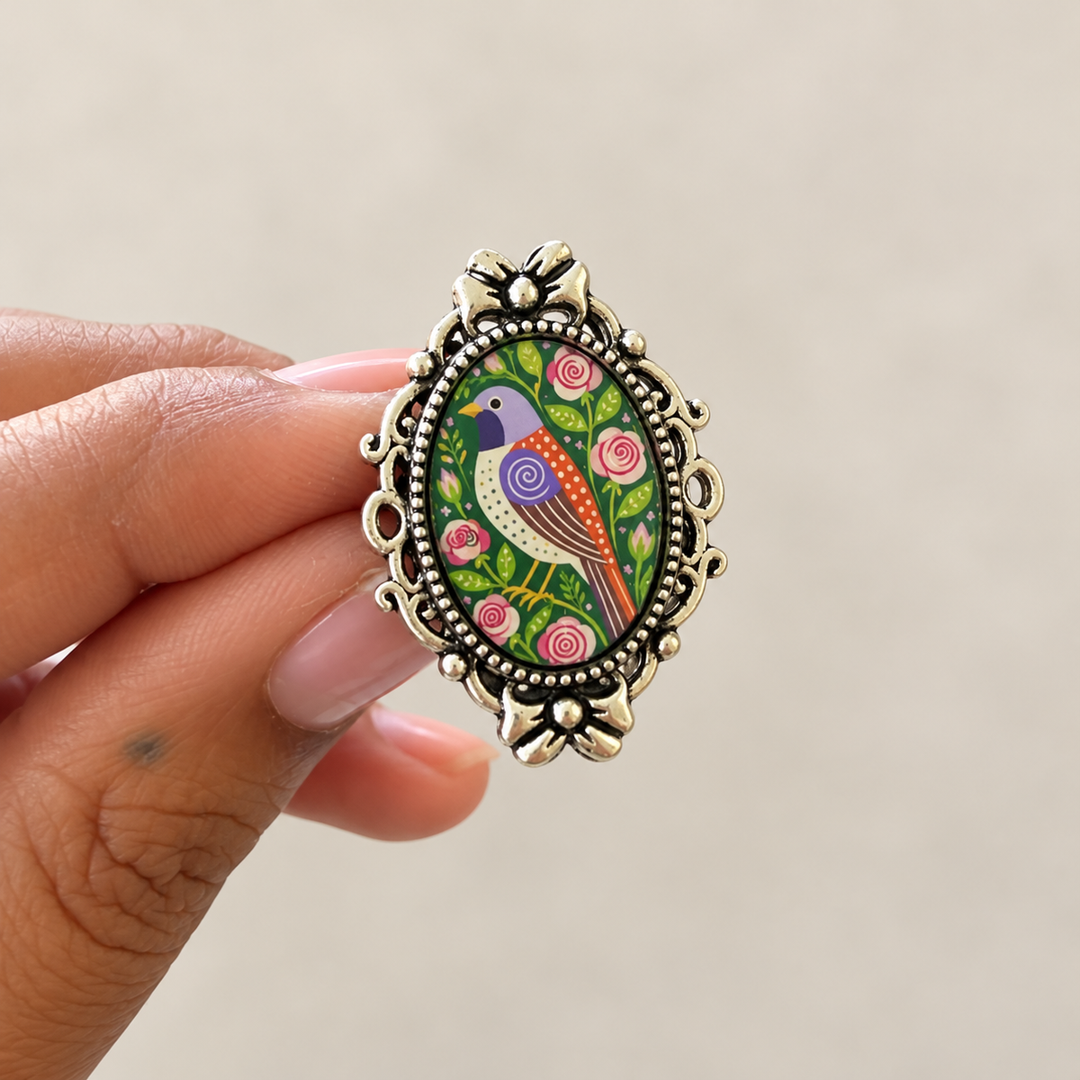 Vintage Songbird Floral Statement Ring - Antique Silver - R008.