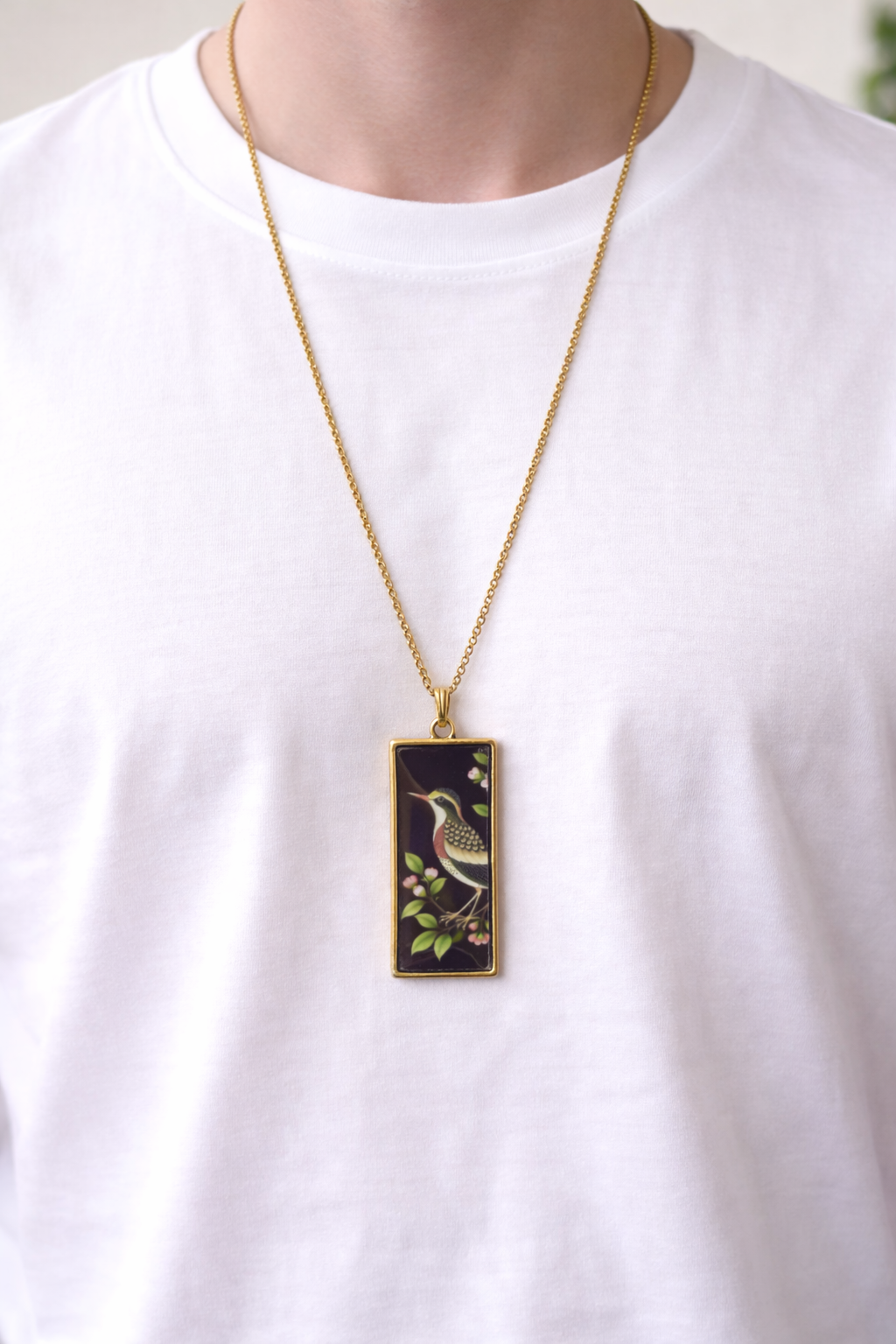 Black Bird Floral Pattern Golden Unisex Long Neck chain - Quirky Jewellery