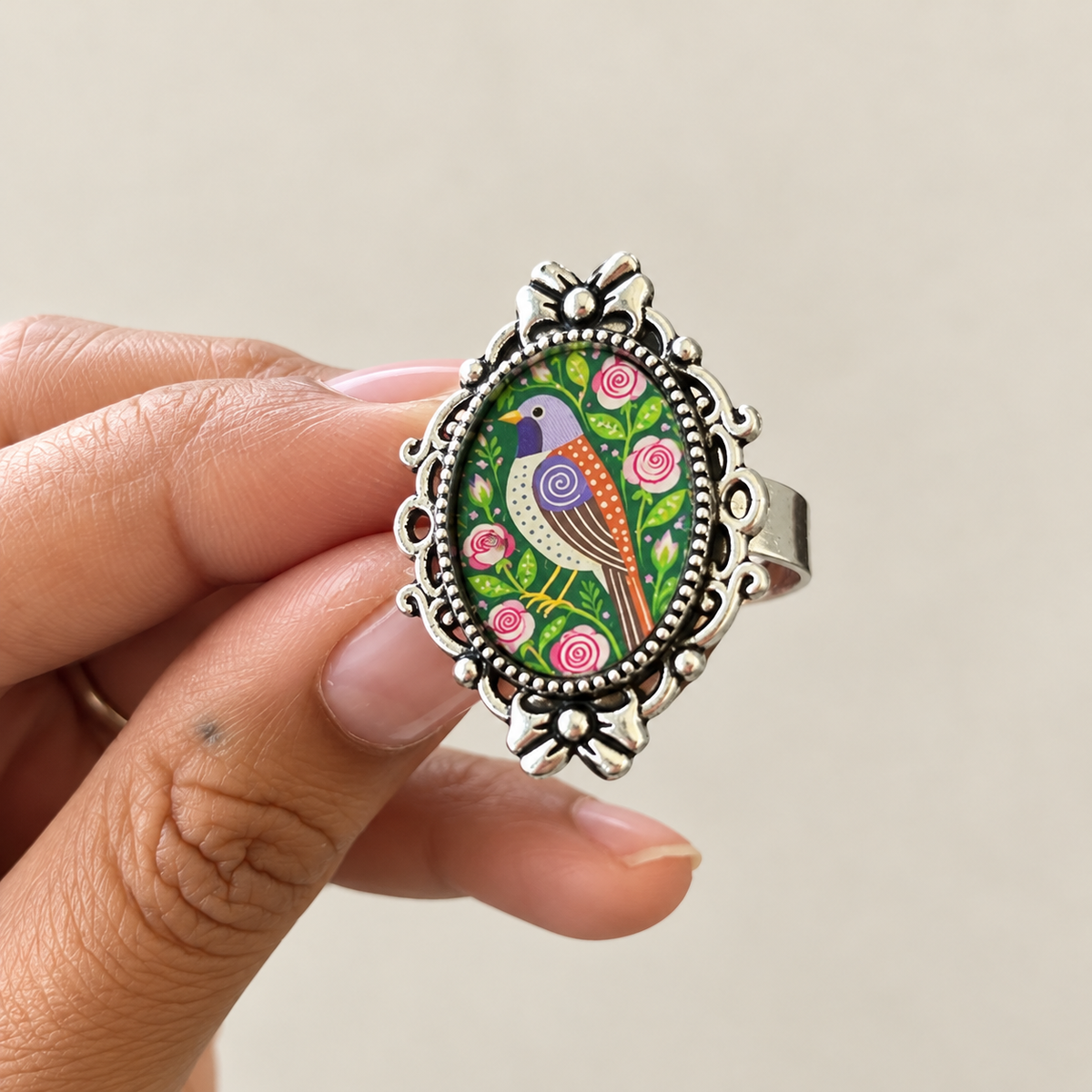 Vintage Songbird Floral Statement Ring - Antique Silver - R008.