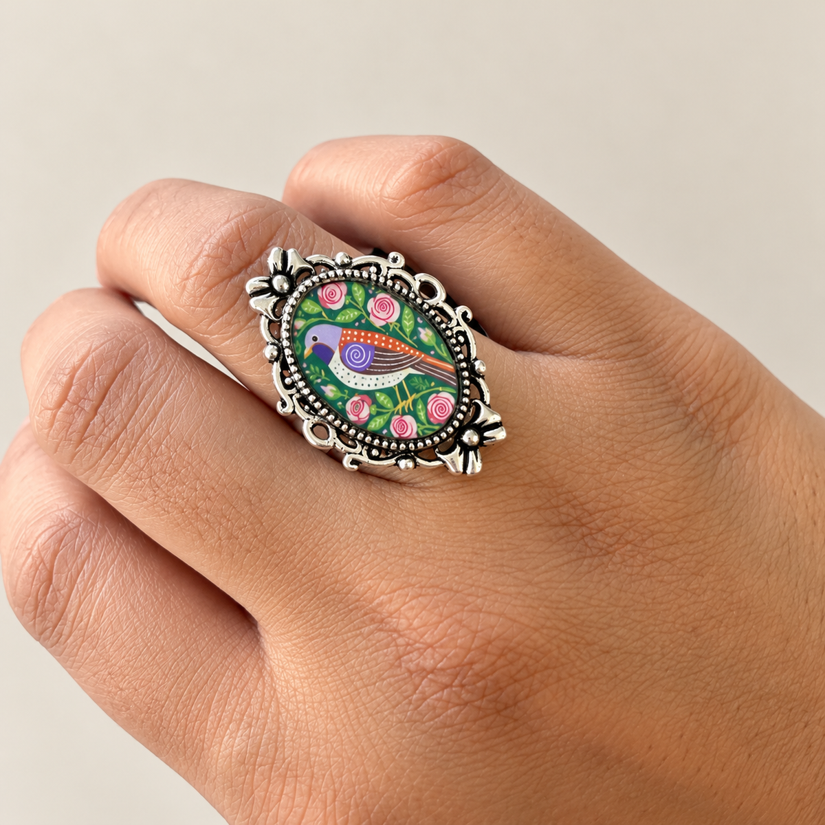 Vintage Songbird Floral Statement Ring - Antique Silver - R008.