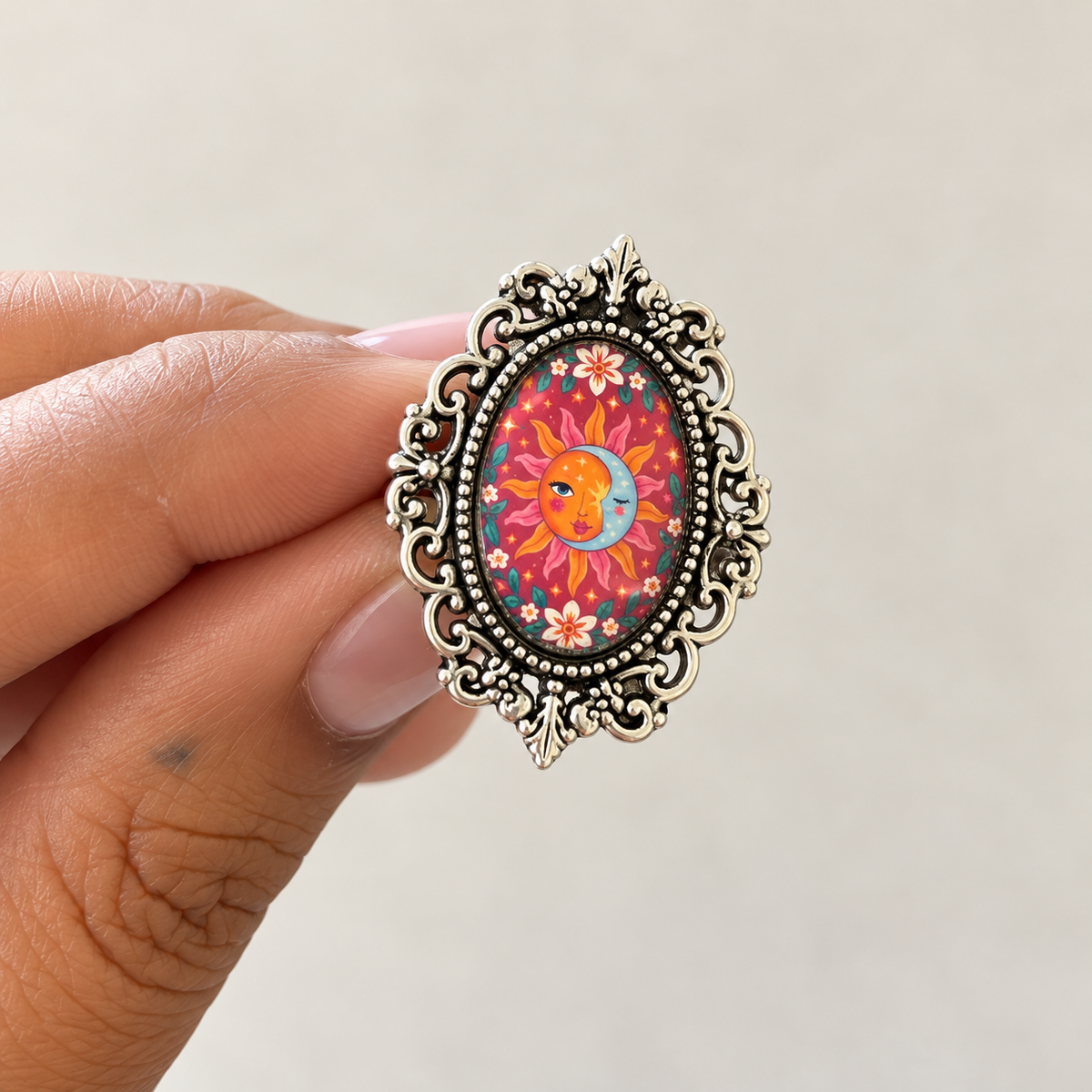 Celestial Sun & Moon Vintage Ring - Antique Silver - R009