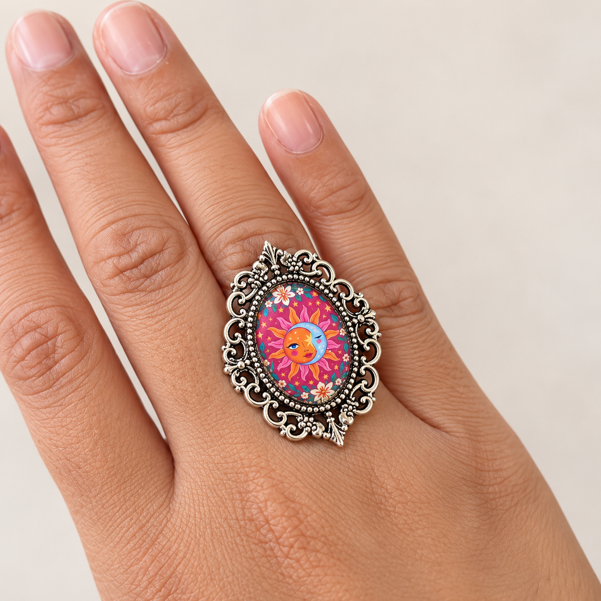 Celestial Sun & Moon Vintage Ring - Antique Silver - R009