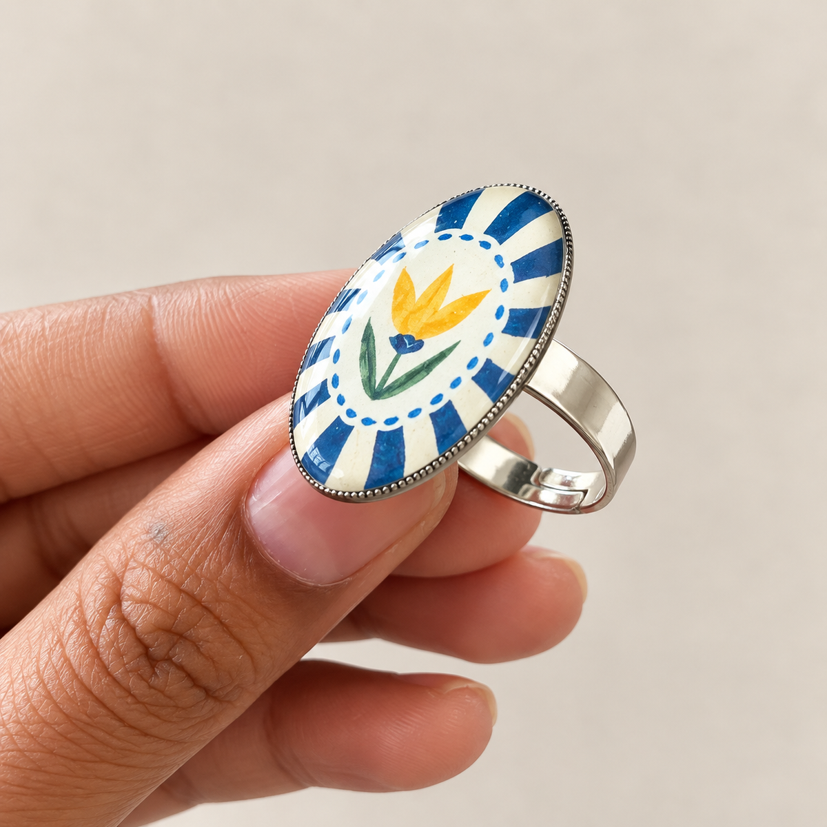 Blue Floral  Statement Ring - R011.