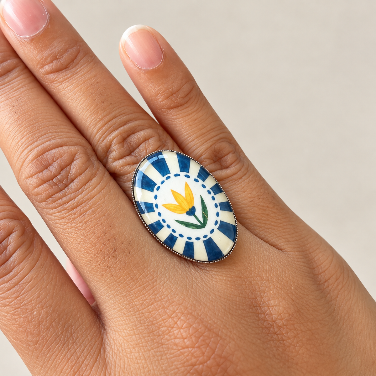 Blue Floral  Statement Ring - R011.