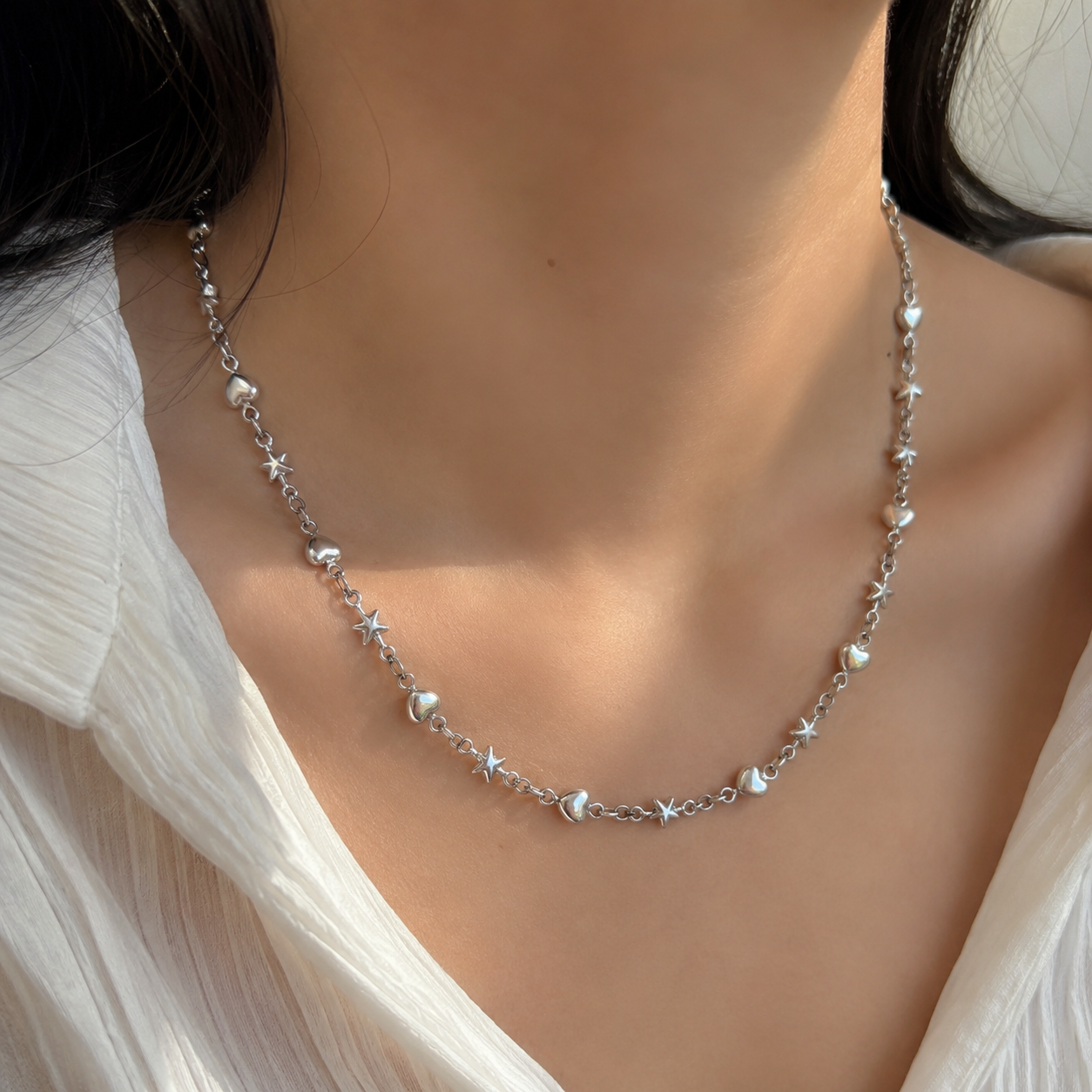 Cosmic Hearts & Stars Chain ✨🤍 (Silver)