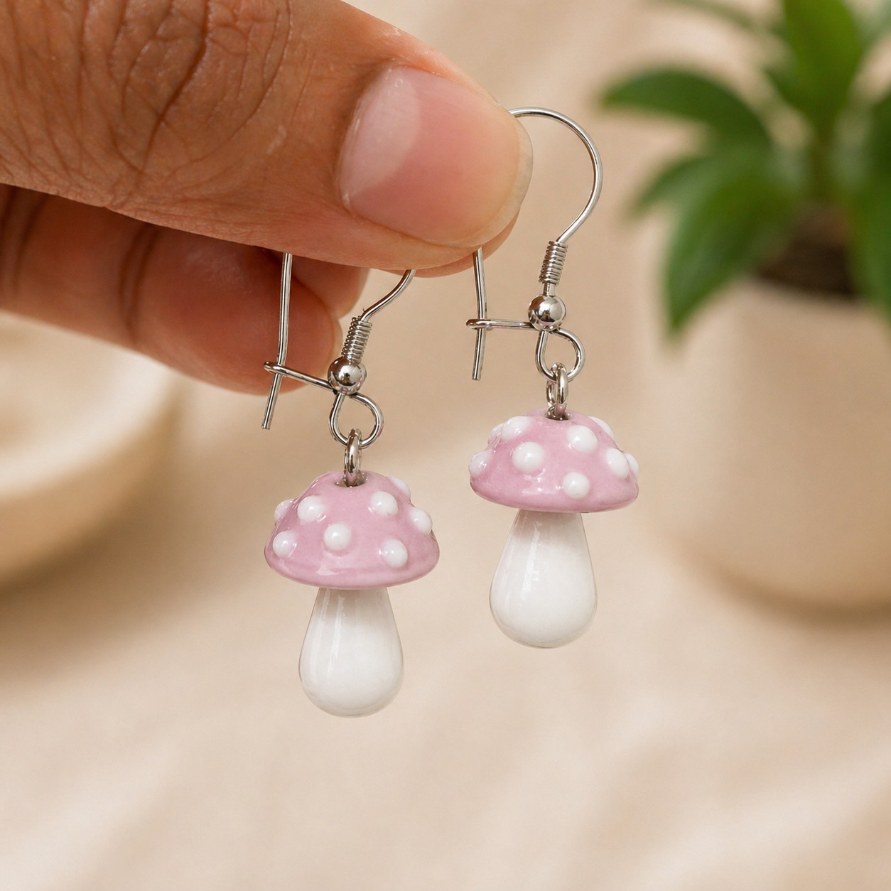 Blush Mushroom Glass Drop Earrings