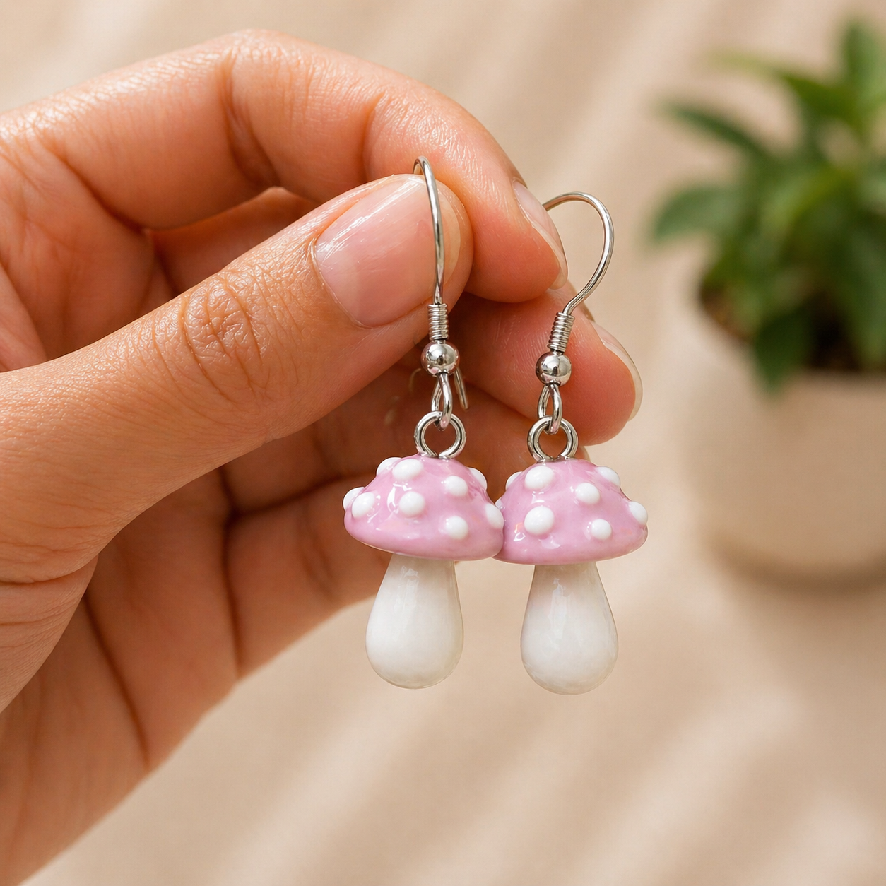 Blush Mushroom Glass Drop Earrings
