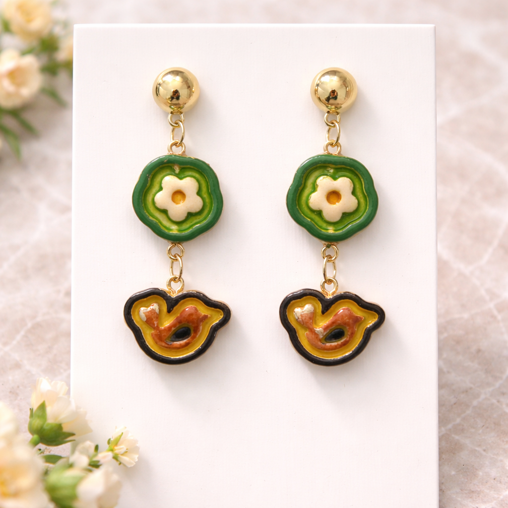 Bloom & Bird Drop Earrings - Quirky Jewellery
