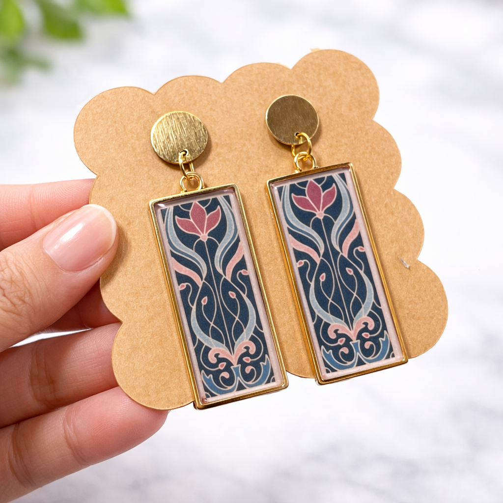 Midnight Lotus Rectangle Earrings - Quirky Jewellery