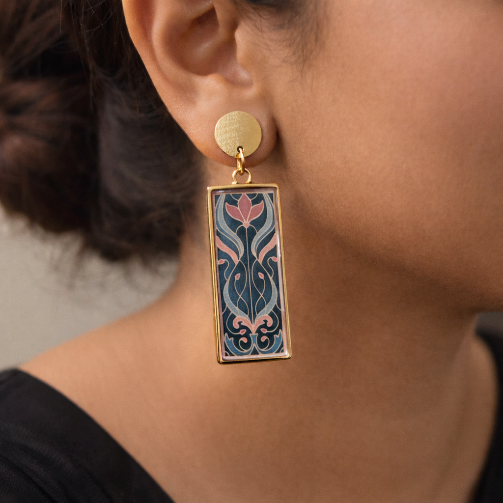 Midnight Lotus Rectangle Earrings - Quirky Jewellery