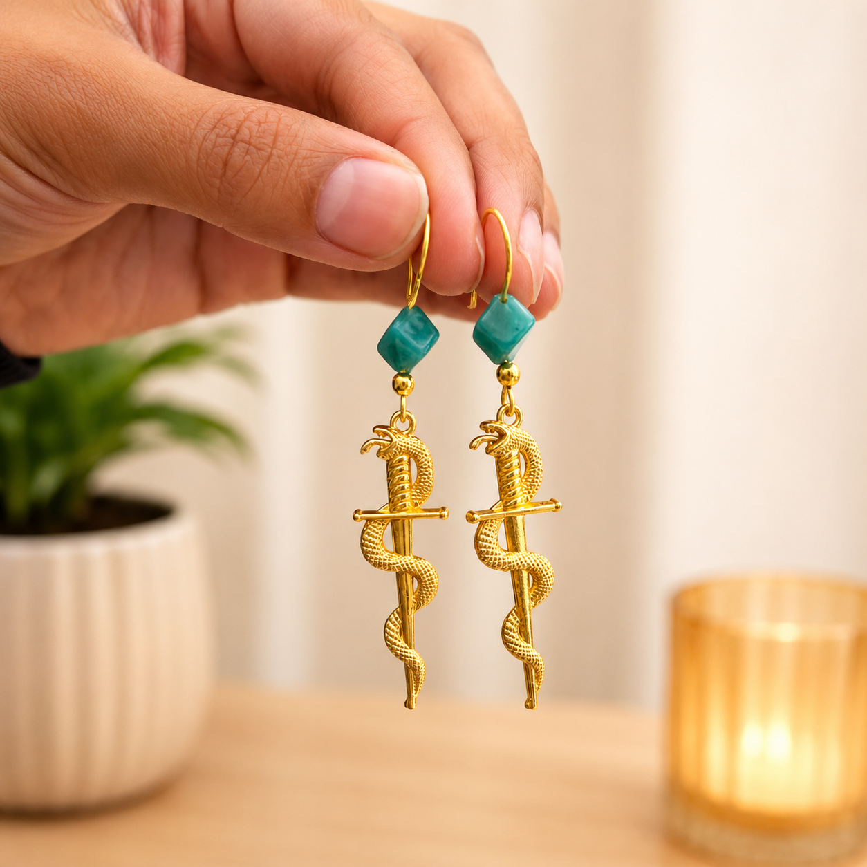 Serpent Charm Earrings with Turquoise Czech Beads.