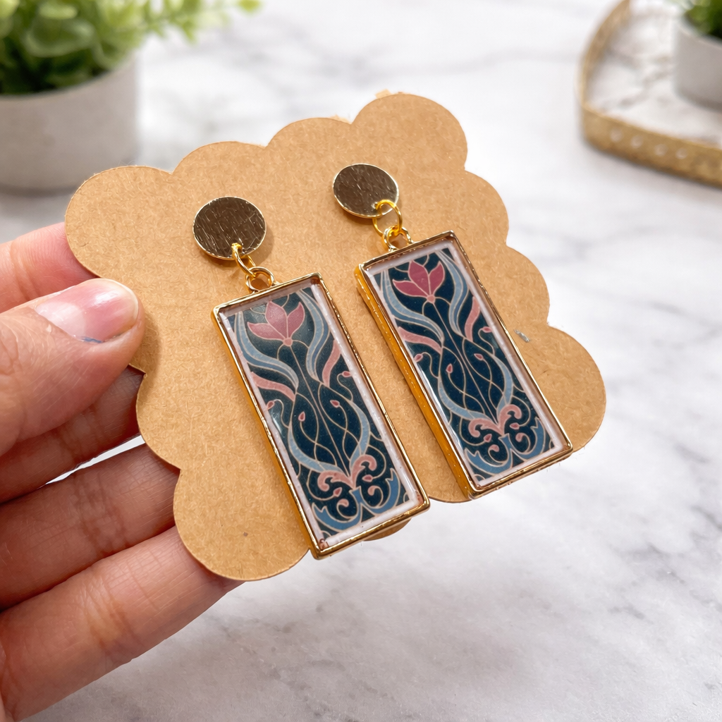 Midnight Lotus Rectangle Earrings - Quirky Jewellery