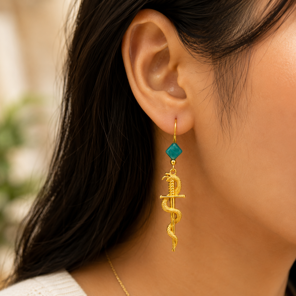 Serpent Charm Earrings with Turquoise Czech Beads.