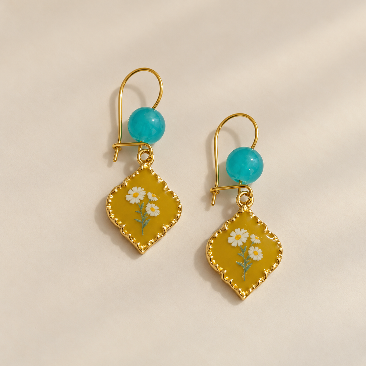 Turquoise Yellow Daisy Earrings.