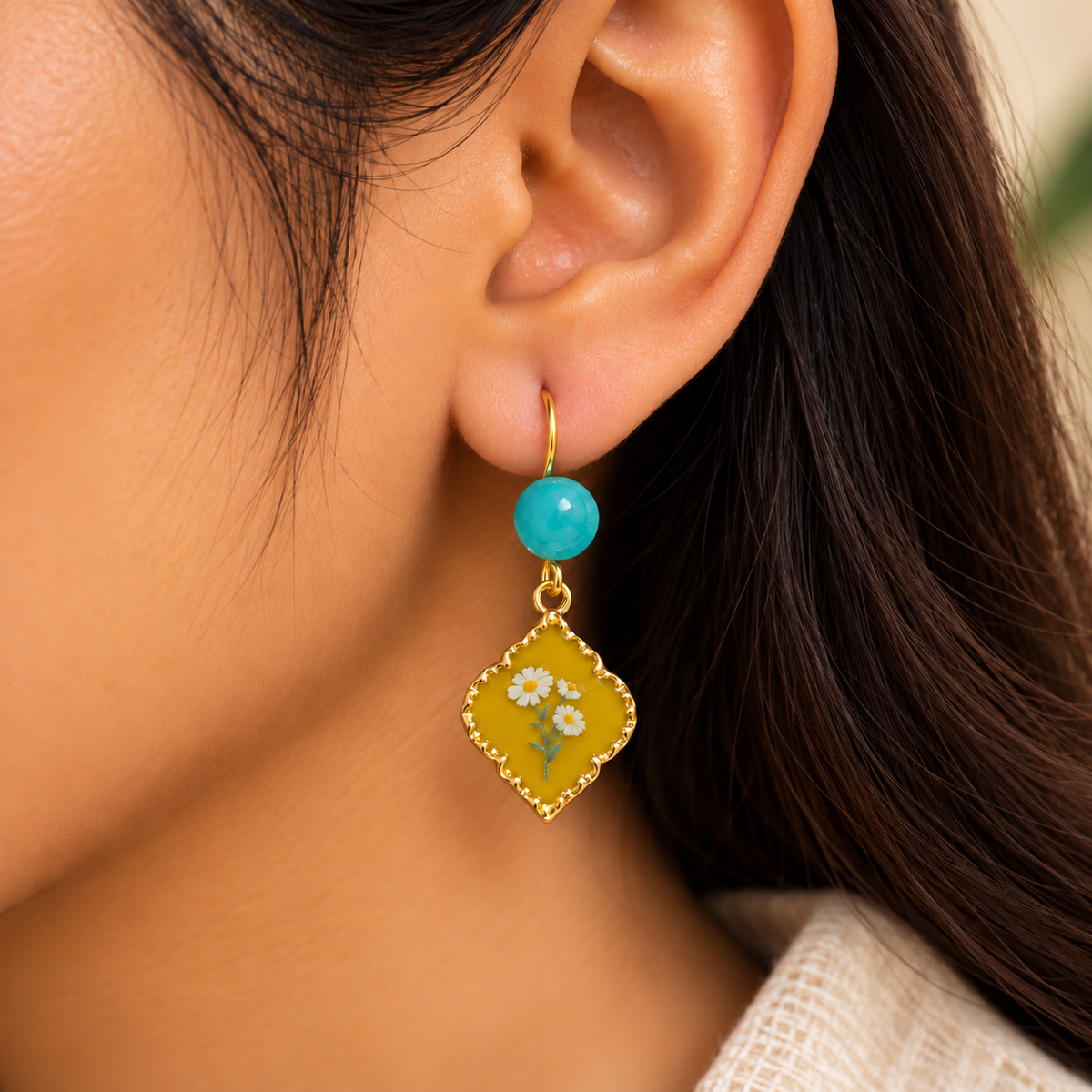 Turquoise Yellow Daisy Earrings.