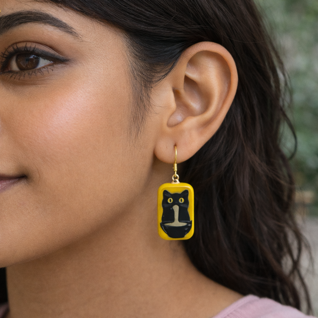Black Cat Noodle Bowl Dangle Earring - Quirky Jewellery