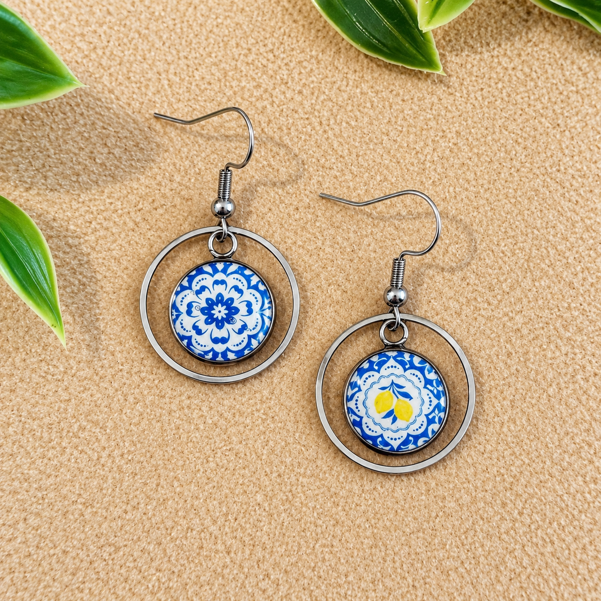 Blue & Lemon Mosaic Silver Stainless Steel Earrings (AT04)