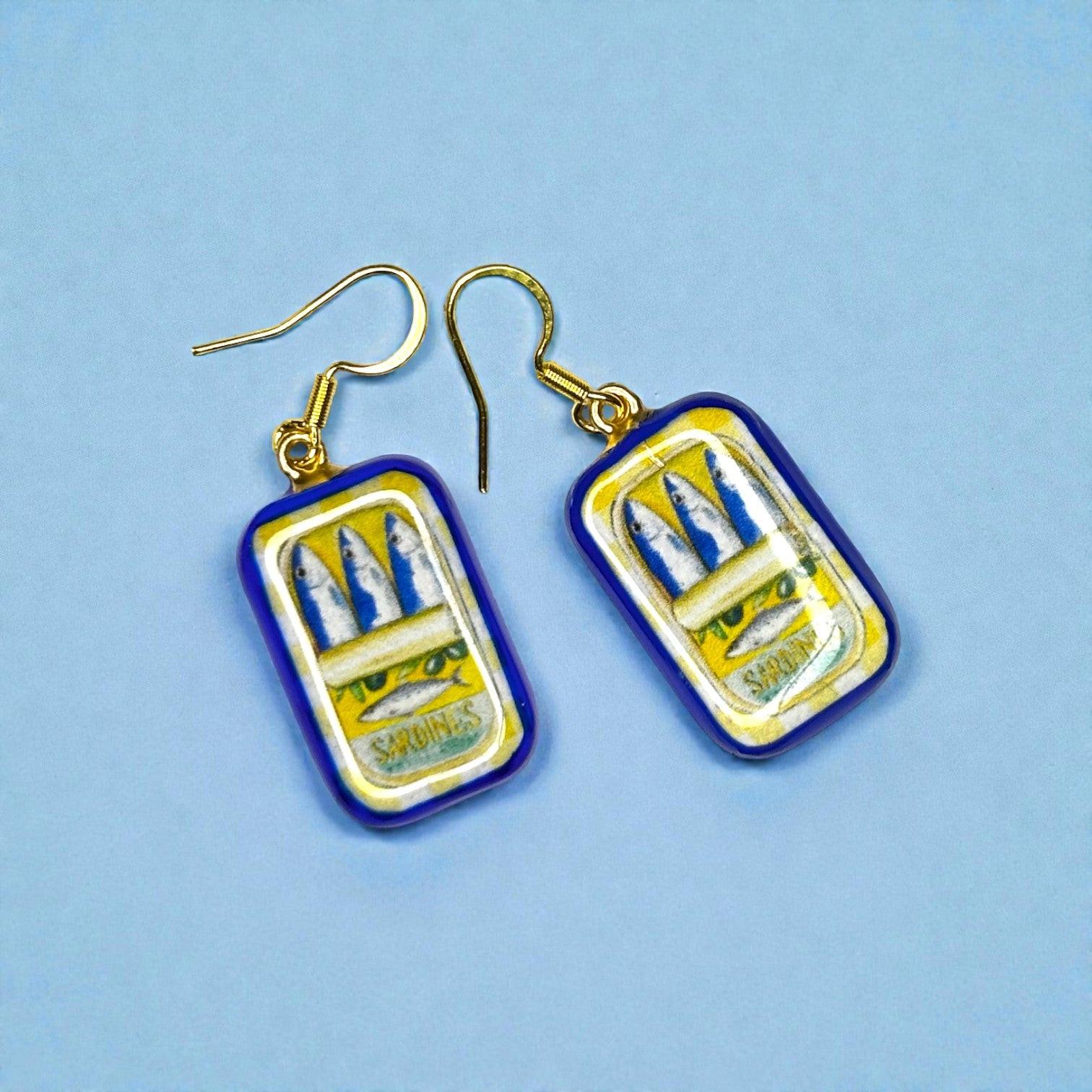 Blue Sardine Charm Dangle Earrings - Quirky Jewellery