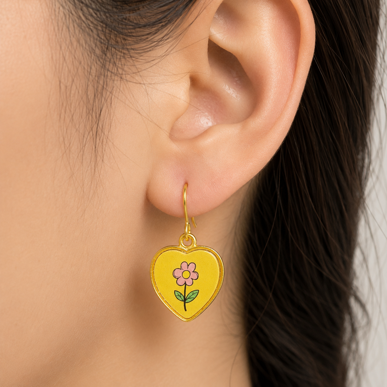 Hand Drawn Flower Yellow Love Earrings.