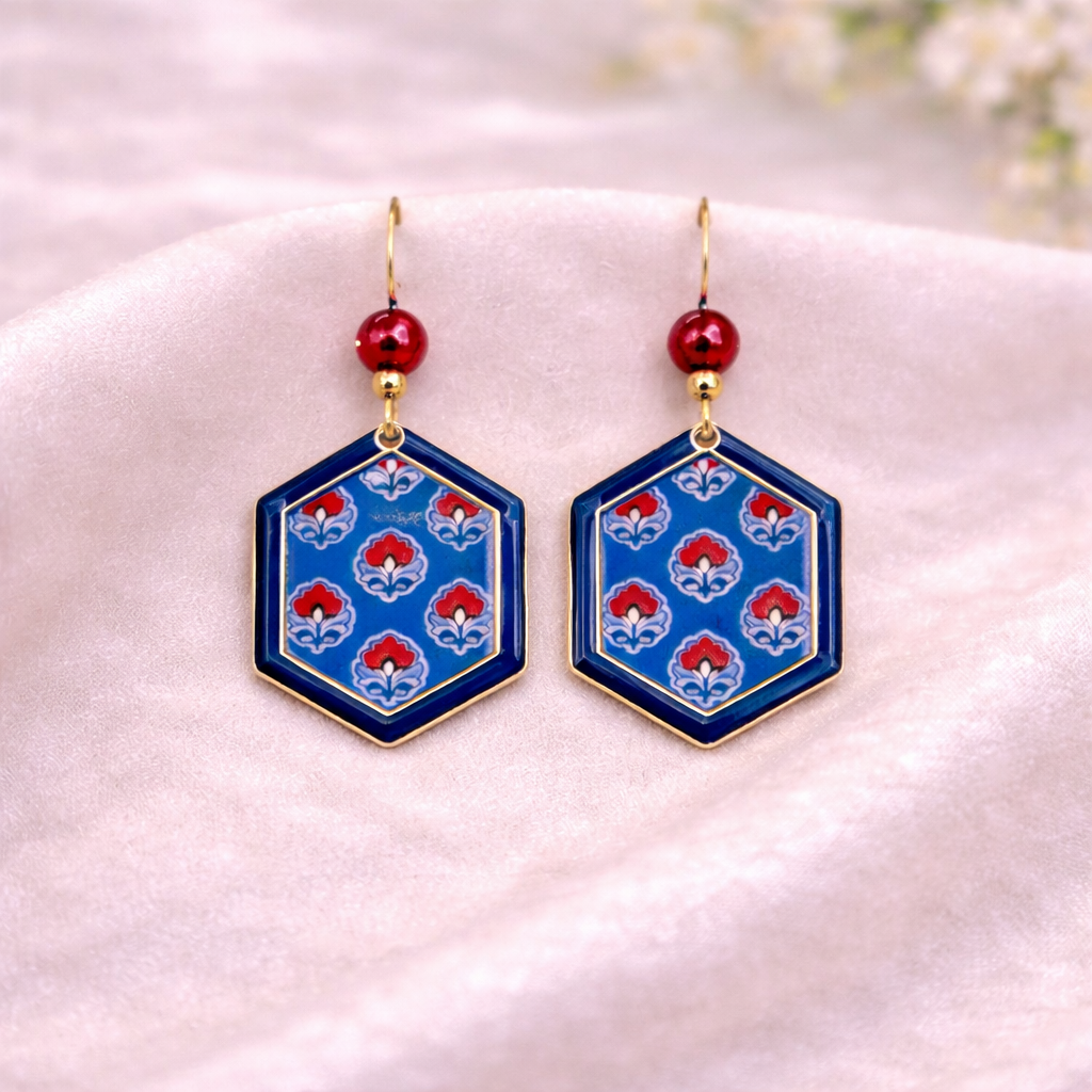 Indigo Blossom Hex Drops Earrings - Quirky Jewellery