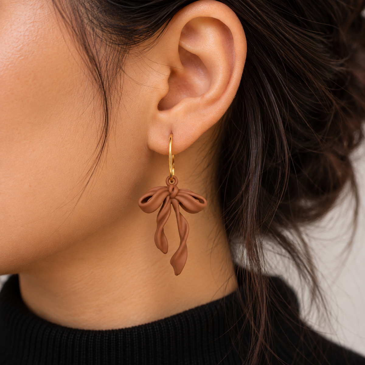 Brown Twisted Bow Enamel Earrings.