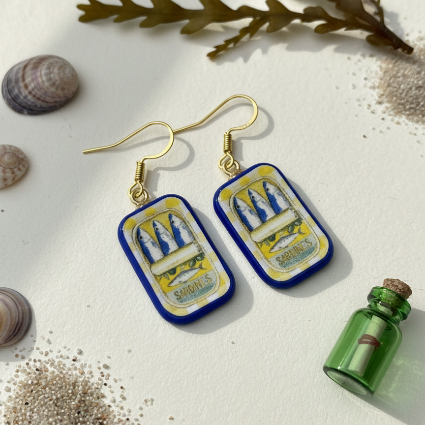 Blue Sardine Charm Dangle Earrings - Quirky Jewellery