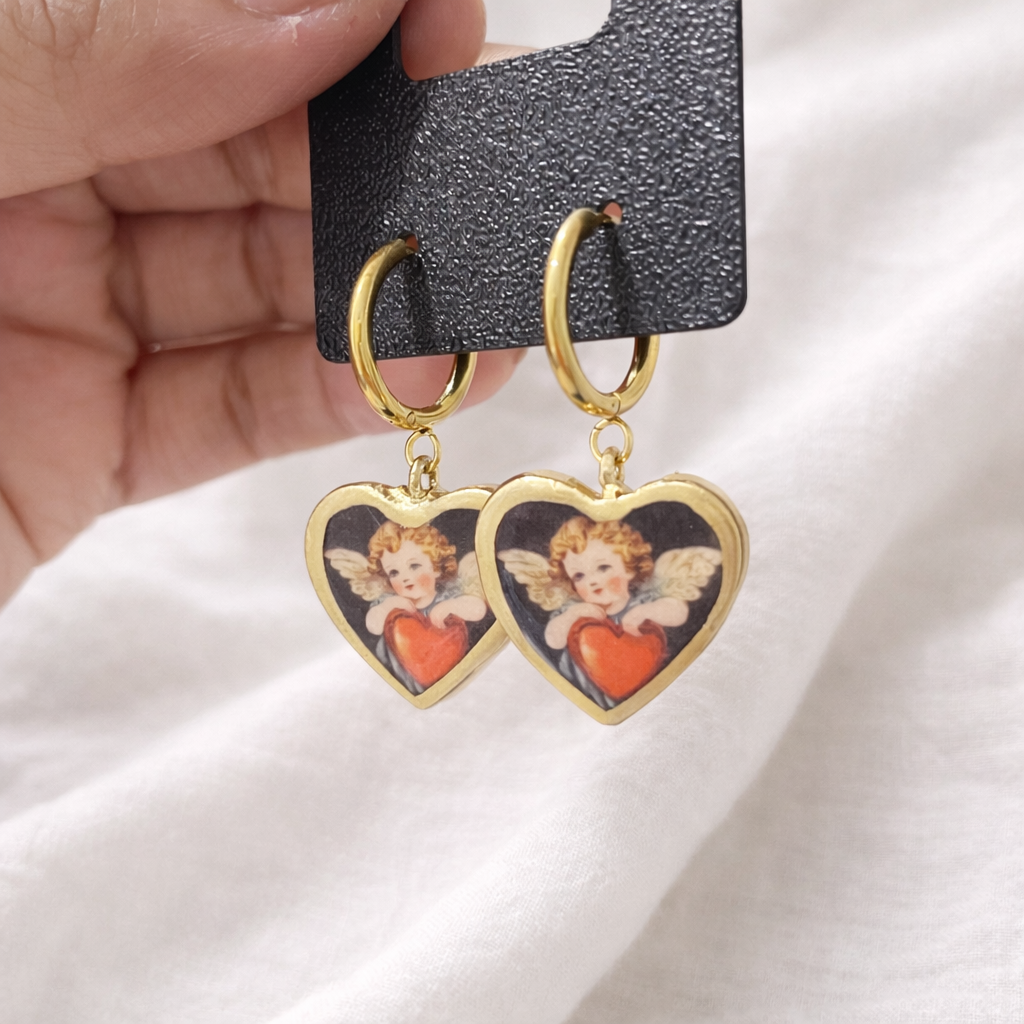 Heart Cupid Dangle Earring (Anti Tarnish Findings) - Quirky Jewellery