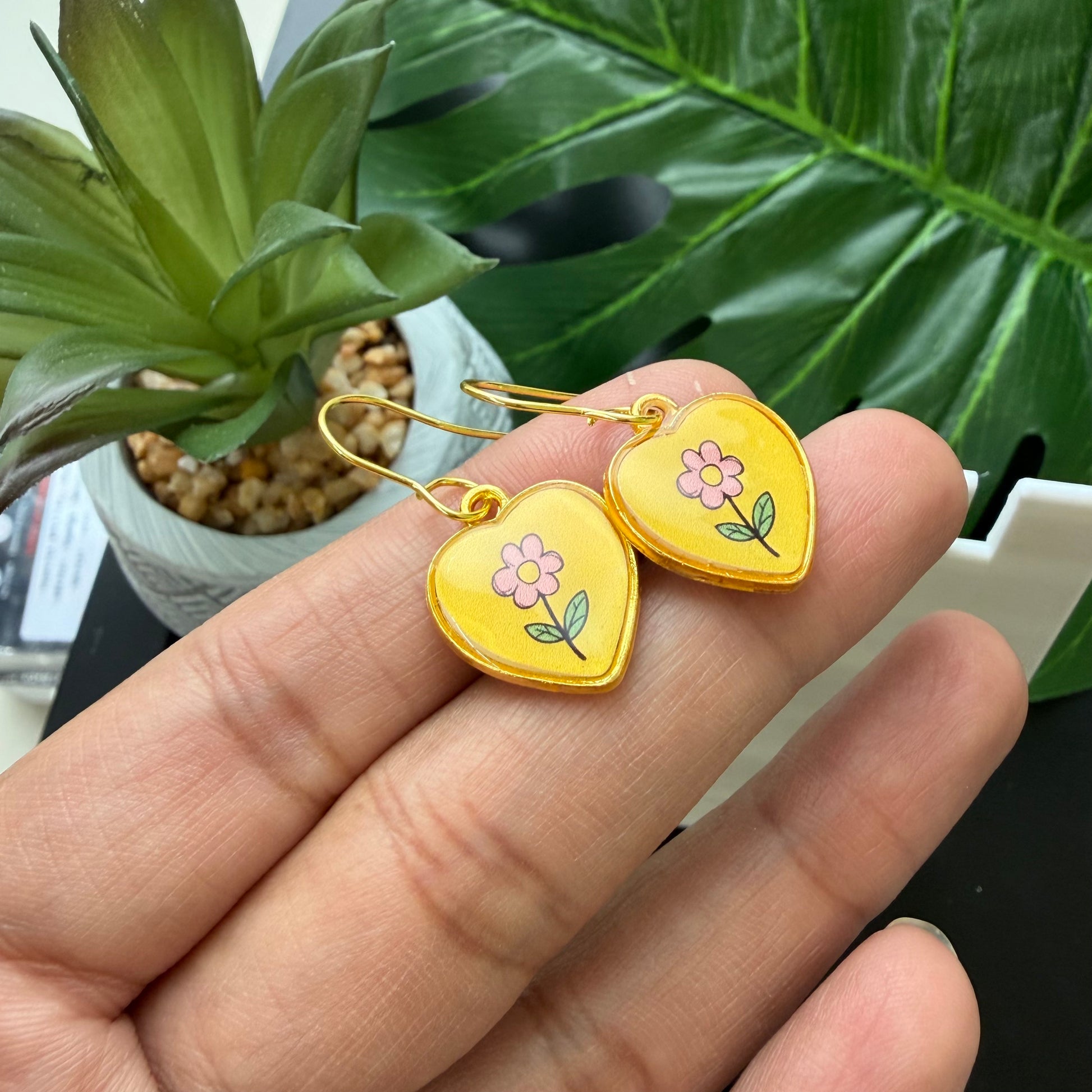 Hand Drawn Flower Yellow Love Earrings.