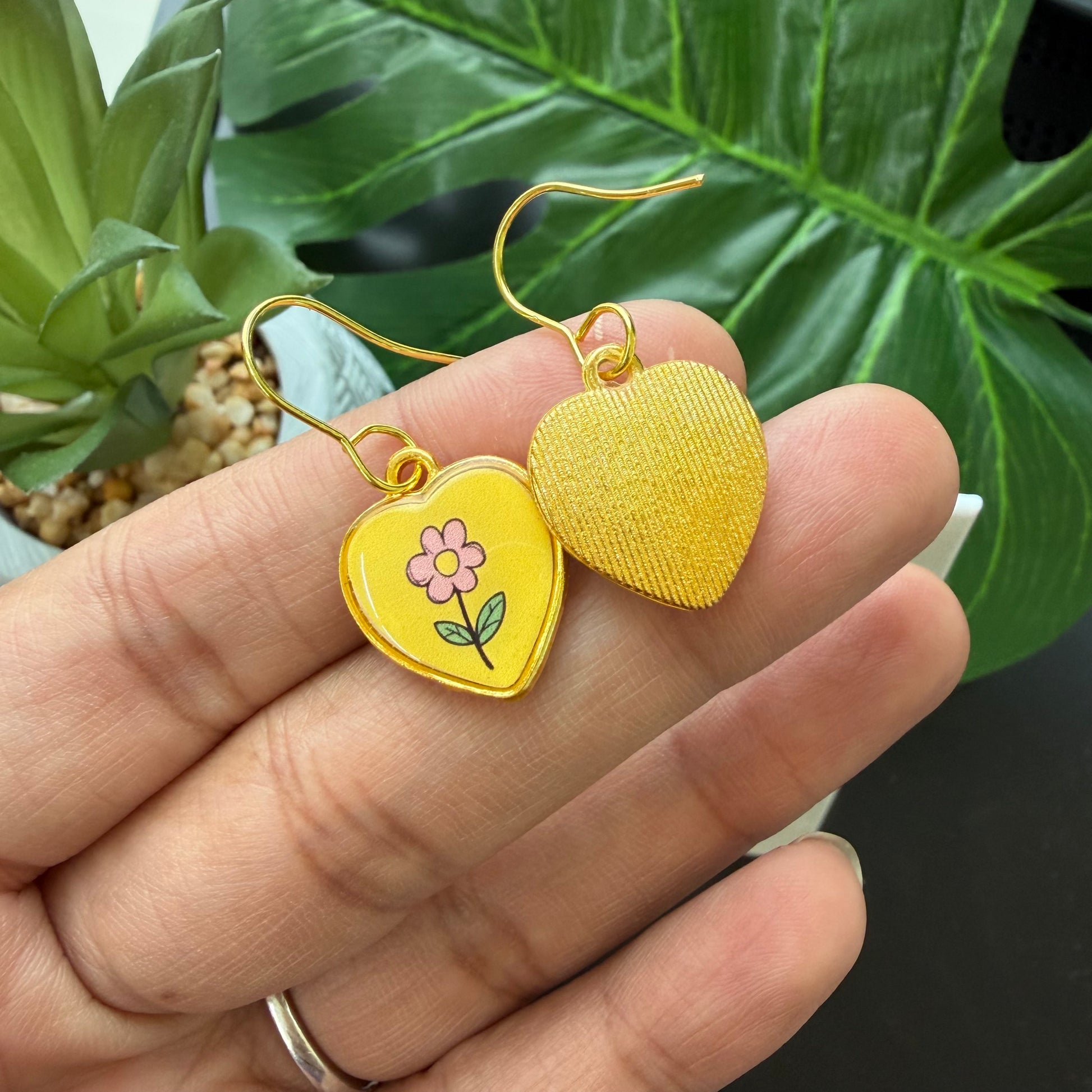 Hand Drawn Flower Yellow Love Earrings.