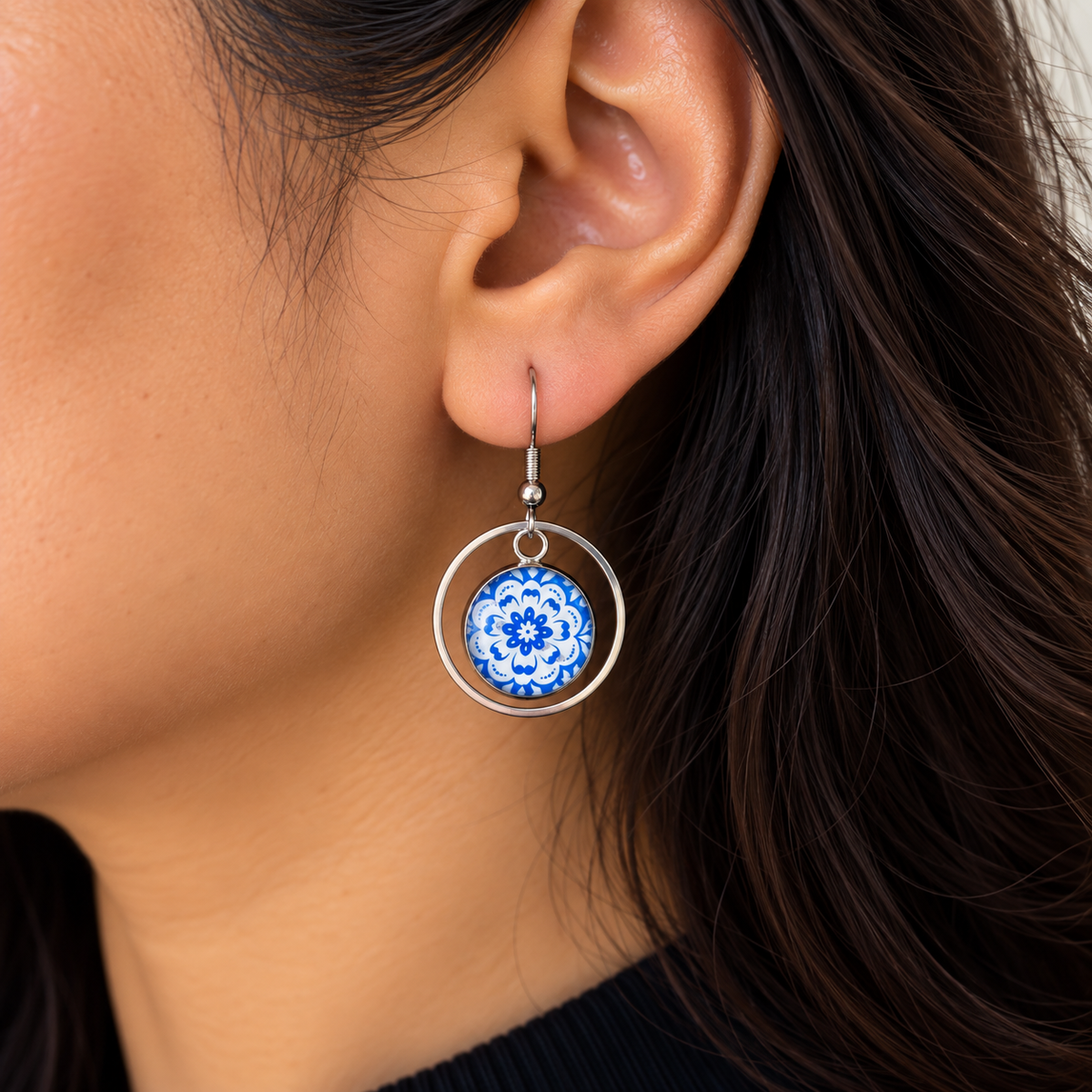 Blue & Lemon Mosaic Silver Stainless Steel Earrings (AT04)